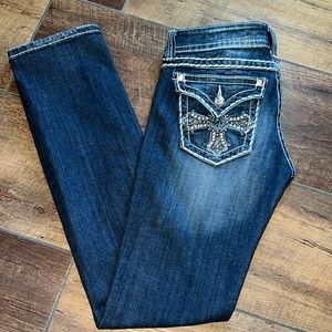 Miss Me Cross Embellished Flap Pocket Straight Jeans Size 28